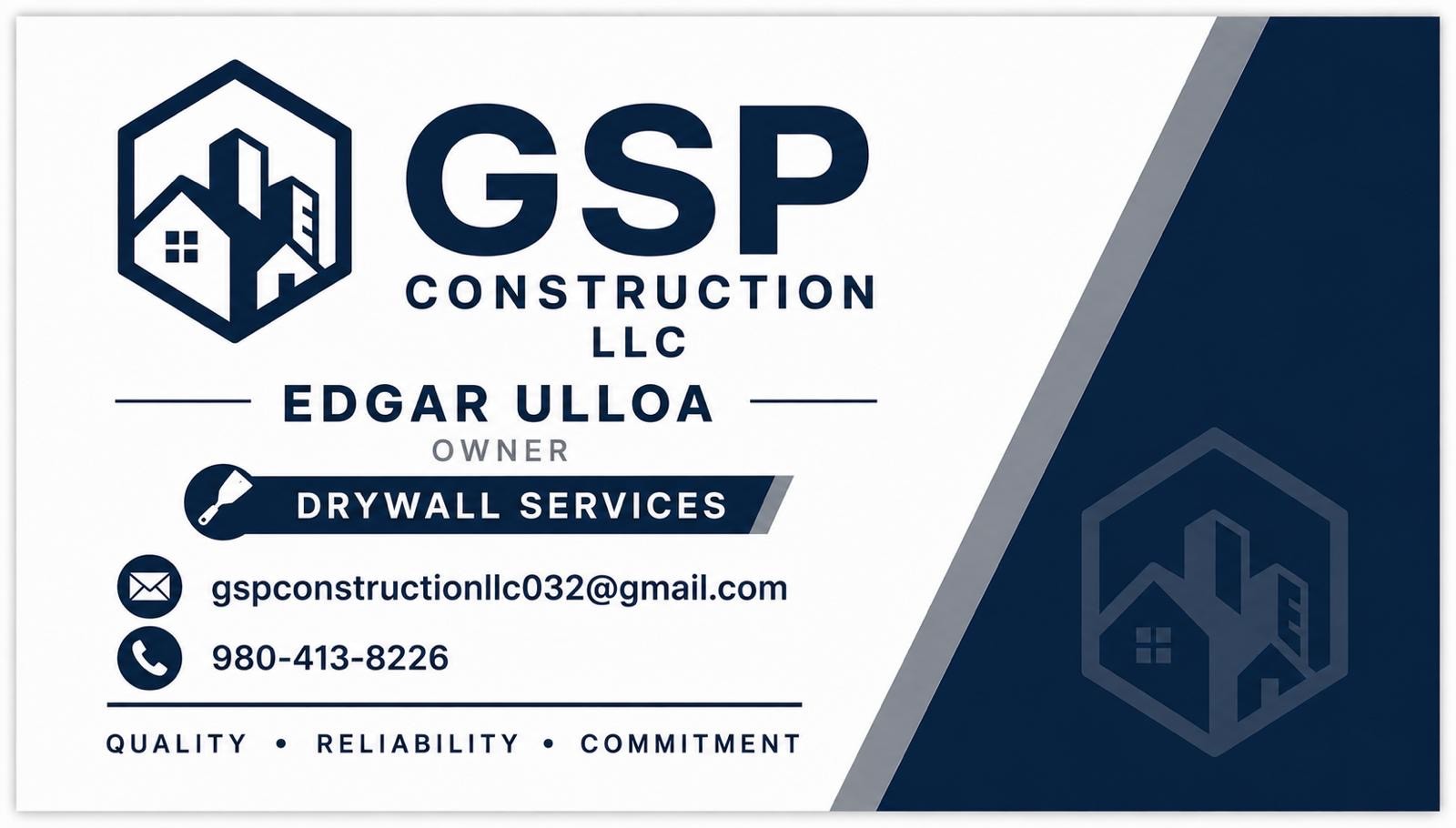 GSP Construction LLC business card — Edgar Ulloa, owner; drywall services; phone 980-413-8226